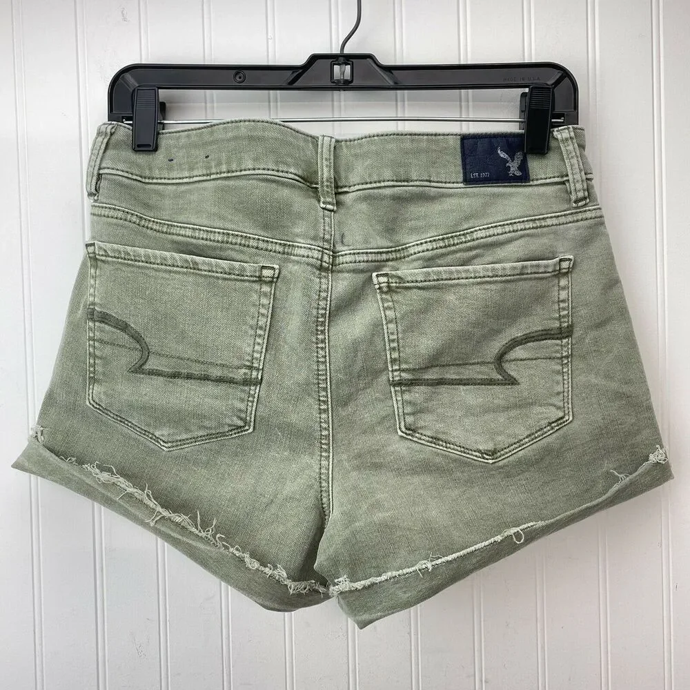 American Eagle Shorts Hi-Rise Shortie Sz 8 Super Super Stretch Green Denim Fray
